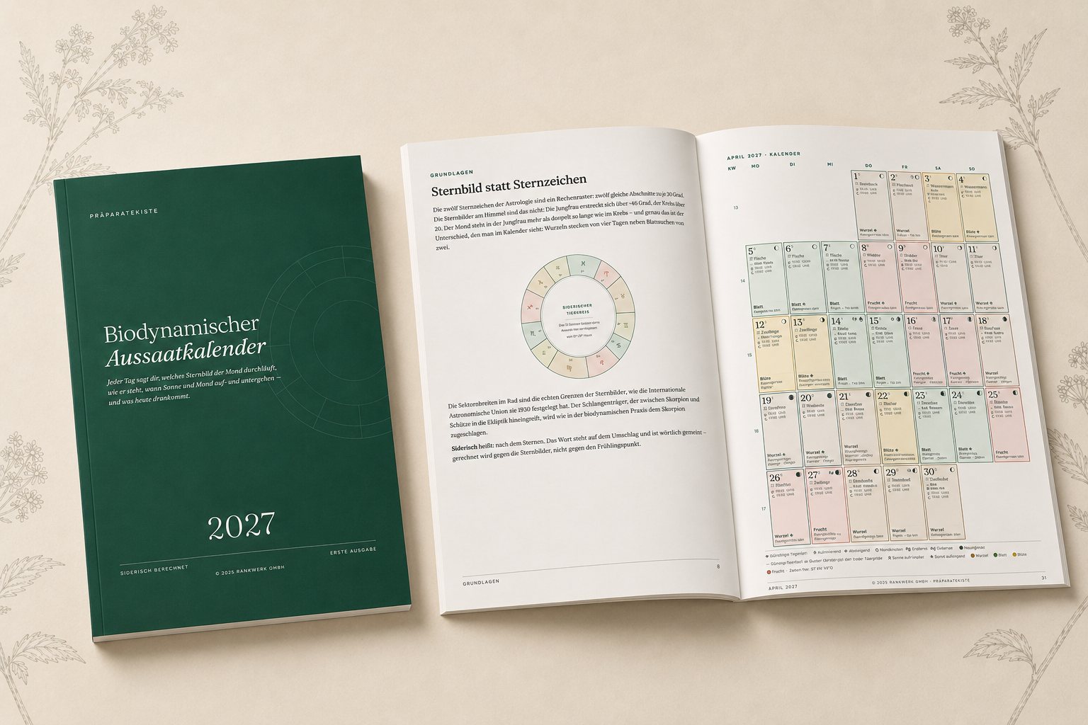 Der Biodynamische Aussaatkalender 2027, aufgeschlagen neben dem Umschlag